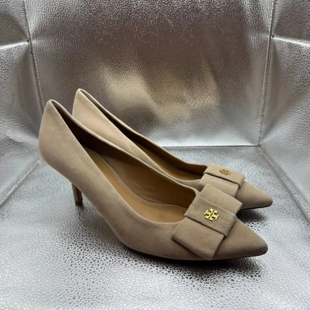 Size 10 M Tory Burch Womens Beige Gold Logo Bow Suede Stiletto Heel Ballet Flats